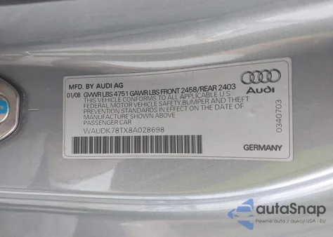 2008 Audi A5 3.2L z USA, uszkodzony, nr VIN WAUDK78TX8A028698